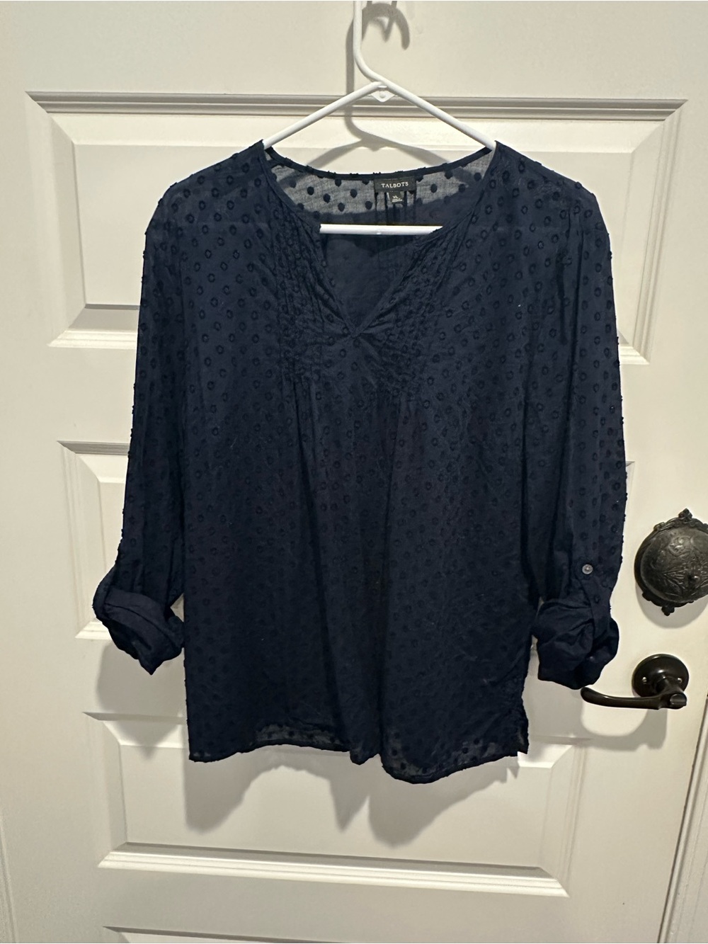 Talbots Navy Swiss Dot V-Neck Roll Sleeve Blouse